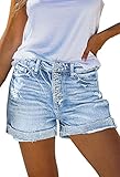 Pink Queen Womens High Waist Jean Shorts Retro Summer Beach Button Fly Cuffed Hot Shorts Juniors Active Destroyed Ripped Denim Shorts with Pocktes Light Blue M