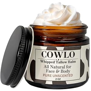 Whipped Beef Tallow for Skin – 100% Grass Fed Suet Beef Tallow Moisturizer for Face, Organic Body Butter, Rosacea, Eczema, Babies, Sensitive Skin (Unscented) 2oz
