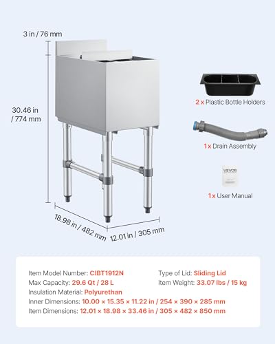 Image of VEVOR Commercial Ice Bin,19 Inch Stainless Steel Ice Chest with Sliding Lid and Bottle Holders, Cooler Cart Cocktail Unit for Bar Restaurant Pub, NSF Certified