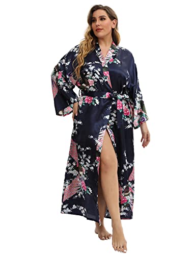 Image of Women's Floral Long Satin Robes Plus Size Long Silk Robes Peacock Floral Kimonos Sleepwear Dressing Gown