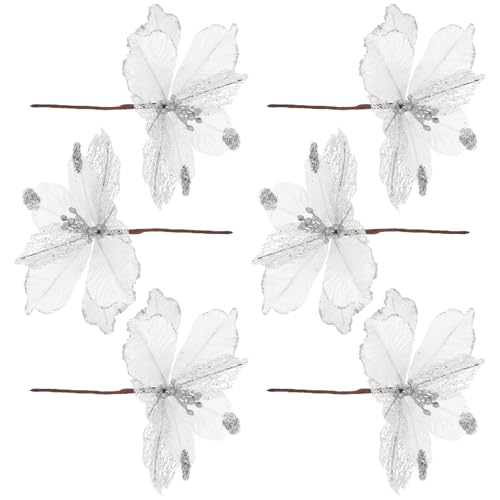 MALUGOGO 6 tallos de flores de Pascua artificiales con purpurina para decoración de Navidad, ramas de abeto, tacto realista, florero y arreglos de corona
