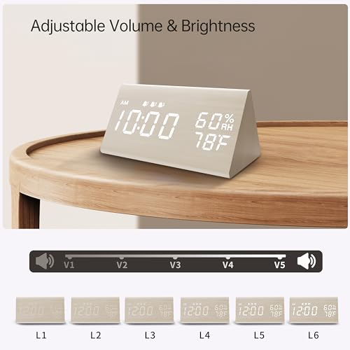 Image of Digital Alarm Clock, with Wooden Electronic LED Time Display, 3 Alarm Settings, Humidity & Temperature Detect, Wood Made Electric Clocks for Bedroom, Bedside (White)
