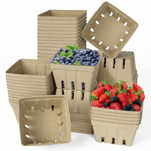Image of LOUHUA 60 Pcs Natural Pulp Fiber Berry Basket, Small Molded Produce Basket for Strawberry, Blueberry, Raspberry, Vegetable Display, Berry Container for Farmers Market, Grocery Store, Fruit Picking