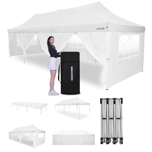 OASISHOME 10'x30' Pop-Up Canopy Tent with 8 Removable Sidewalls,Carry Bag,Waterproof Commercial Gazebo for Weddings/Outdoor Events – Heavy-Duty Frame, Raised Top Cover(White, 10x30(Higher top))