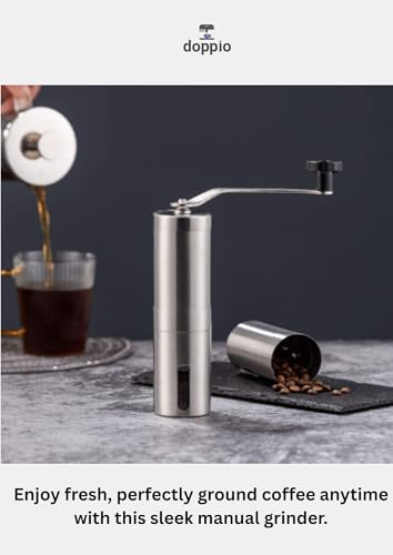 Image of Doppio Manual Coffee Grinder - Stainless Steel Hand Burr Mill with Adjustable Grind Settings & Glass Container | Portable Hand Crank Grinder for Fresh Coffee Beans at Home, Office & Travel