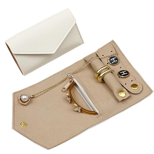 VICHILL Travel Jewelry Case Organizer, Foldable Jewelry Storage Roll for Earrings, Necklaces, Rings, Bracelets, Brooches (White)