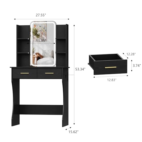 Image of HUANLEGO Small Black Vanity Desk with Mirror and Lights for Women Girls | Vanity Mirror with Lights, 3 Lighting Adjustable, LED Light Strips, Built-in Power Outlet, Compact Dressing Table For Girls