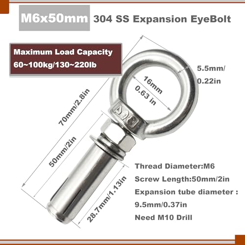Image of M6 Stainless Expansion Eyebolt 2 inch(50mm) Short Threaded Screw Ring Lifting Shoulder Hook with Nut Washer Locking as Anchor Point for Cement Block Wall 130LB~220LB,6 Pcs M6X50mm