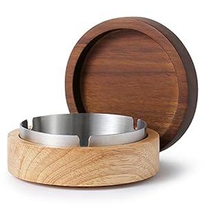 Wooden Ashtray with Lid for Smokers Stainless Steel Liner Ash Tray Windproof Durable Easy to Clean Cool Ashtrays for Indoor or Outdoor Use, Patio, Office & Home