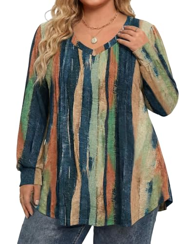 Image of IN'VOLAND Womens Plus Size Shirts V Neck Puff Long Sleeve Tops | Loose Fit, Dressy Casual Blouse, Pleated, Fall Outfits, Business Work TShirts, Basic Tees