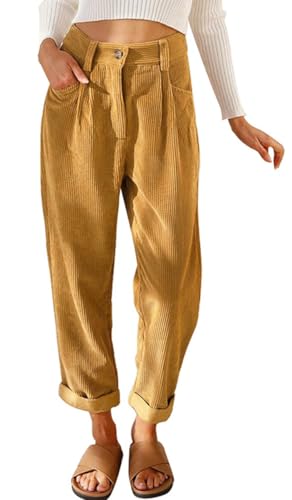 CheChury Cordhose Damen High Waist Gerades Bein Hosen Elastische Taille Tapered Hose Thermohose Cordhose Damen Weites Bein Hosen Elastische Freizeithose Lang Casual Bequeme Hosens Locker Hose Taschen