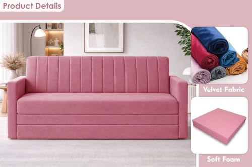 Image of Rosebell Foldable Sofa-Cums-Bed | 3-in-One Convertible Couch with Armrest | Modern Fabric Sofa for Living Room, Bedroom & Office-Rose Pink-Color