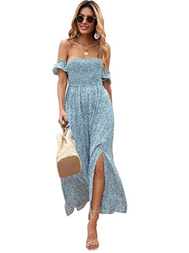 Floerns Women s Boho Floral Print Off Shoulder Split Long A Line Dress Blue and White M