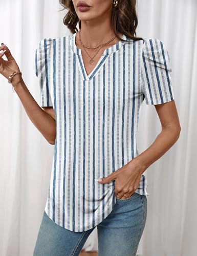 Image of LOMON Spring Summer Tops for Women 2026 V Neck Puff Short Sleeve Tops Fashion Trendy Work Blouses Dressy Casual S-XXL