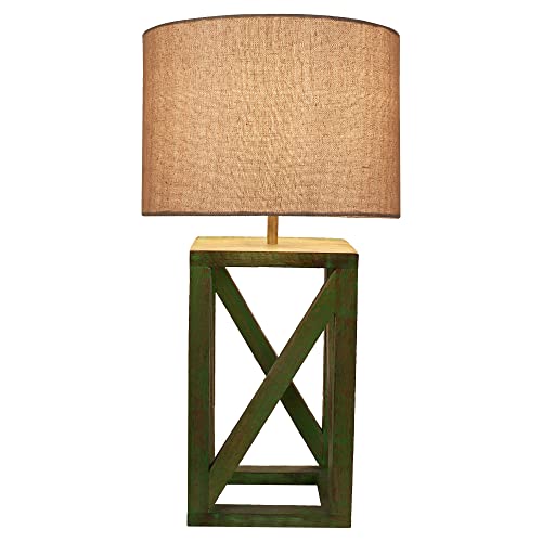 Image of tu casa Mango Wood Table Lamp with Satin Fabric Shade | Decorative Bedside Night Lamp for Bedroom & Living Room | Wooden Study Table & Nightstand Lamp for Home Decor & Gifting