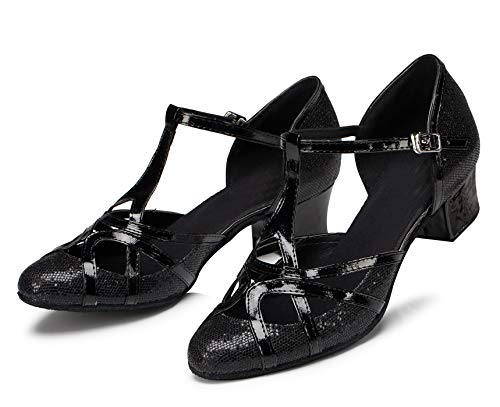 Minishion Women's T-Strap Dance Heels Black/3.5Cm Heel Glitter Salsa Ballroom Shoes Us 8 #TOP4