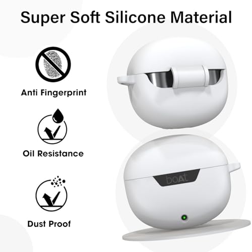 Image of Sounce Earphone Case Cover for Boat Airdopes 300 Premium TWS Soft Silicone Skin Case Cover Shock Absorbing Protective Case with Keychain [Front LED Visible] - White