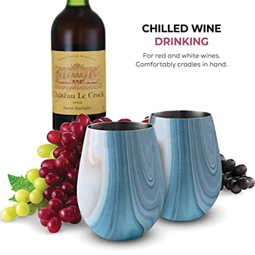 Stainless Steel Unbreakable Wine Glasses - 18 Ounce Set Of 4 Wine Glasses. Premium Grade 18/8 Stainless Steel Red & White Stemless Wine Glasses Set, (Exquisite Blue Marble) #TOP7
