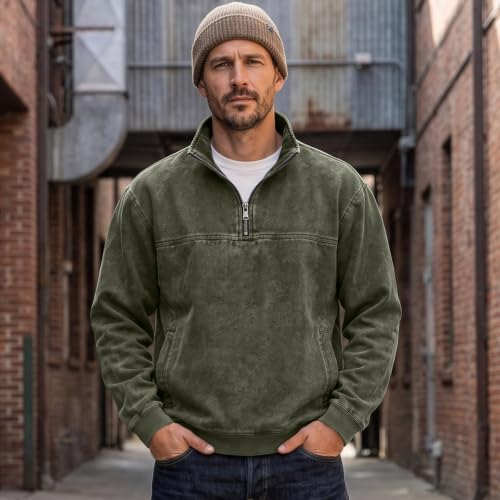 Denim Shirt Men Washed Retro Quarter Zip Pullover Shirt with Pockets - image 2
