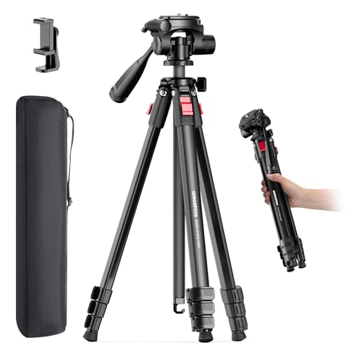 Image of CAMBOFOTO 68 Inch Video Tripod with Pan Handle for Camera Phone Camcorder | Smooth pan handle for filming sports games, shoots over crowds at 68 inches, phone clamp and quick release plate included