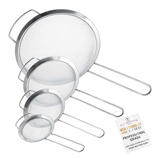 U.S. Kitchen Supply - Set of 4 Premium Quality Fine Mesh Stainless Steel Strainers with Wide Resting Ear Design - 3", 4", 5.5" and 8" Sizes - Sift, Strain, Drain and Rinse Vegetables, Pastas & Tea