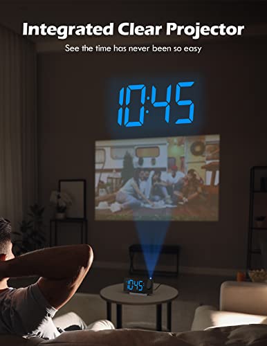 Alarm Clock For Bedroom, Multifunctional Clock With Fm Radio & Projection, 0-100% Dimmer & Radio Volume, Curved Screen, Dual Alarms, Usb Charger, Crystal Led Display, 5 Alarm Sounds, Non-Slip Base #TOP3
