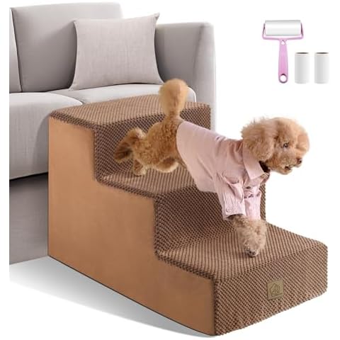 Mestuel Dog Stairs for Small Dogs, 15.7in Foam Dog Stairs Ramp for Bed Coach, Pet Stairs Steps Ladder Non-Slip, Hold Up to 60 lbs, 2 Lint Rollers with 4 Refills, Brown Cover