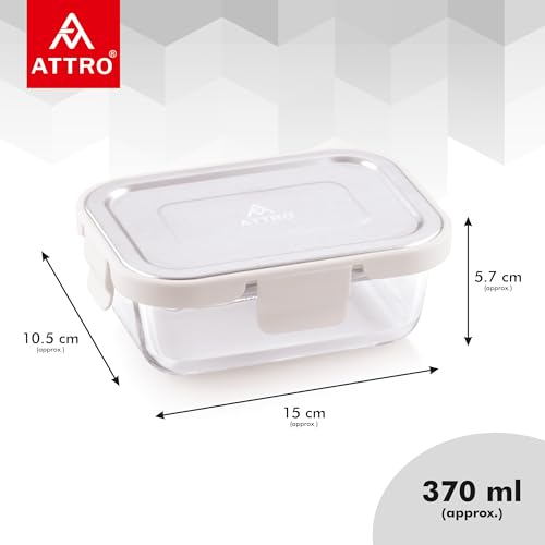 Image of ATTRO Glassox Borosilicate Rectangular Glass Lunch Box with Stainless Steel Lid Food Storage Container Microwave & Freezer Safe BPA-Free Food-Grade 370ml Set of 2