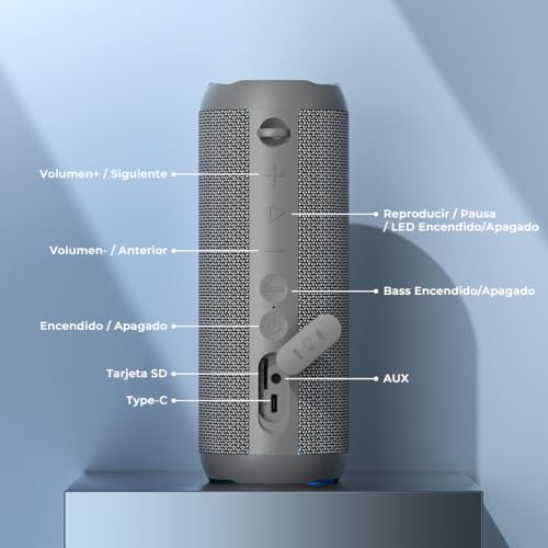 Miniatura 9 de Rienok Altavoz Bluetooth 5.3 Altavoz Inalámbrico Portátil Altavoces De Ordenador Impermeable Ipx7, Bass, Sonido Estéreo, Apoya Micro Sd Aux, Gris