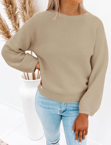 Image of ZESICA Women's Crew Neck Long Lantern Sleeve Fall 2026 Casual Loose Ribbed Knit Solid Soft Pullover Sweater Tops