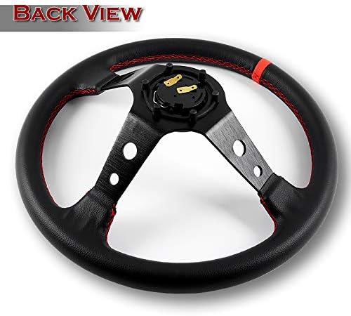 Steering Wheel - (Deep Dish) - 350mm (13.78 inches) - Black Leather with Black Spokes/Red Stripe, Drifting Deep Dish 350mm 6 Hole Sport Steering Wheel Racing Trim Universal