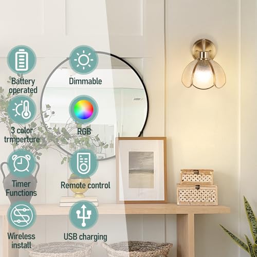 Image of Battery Operated Wall Sconce, Vintage Wall Sconce with Gold Trim Tulip Glass Lampshade Rechargeable Battery Powered Wall Light with Remote Control for Bedside Bedroom Doorway