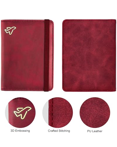 Image of WALNEW Passport Holder for Travel, RFID Passport Cover Wallet for Women Men, PU Leather Passport Book Card Holder Case with Pen (Elastic Band Closure, C-Red)