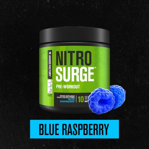 Image of Jacked Factory NITROSURGE Pre Workout Supplement - Endless Energy, Instant Strength Gains, Clear Focus, Intense Pumps - NO Booster & Preworkout Powder with Beta Alanine - 10 Servings, Blue Raspberry