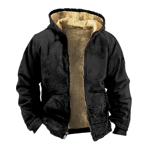 Men Zip Up Hoodies Sherpa Lined Jacket Thermal Thick Fall Winter Hooded Full Zip Sweatshirts Windproof Coat with Pocket Fashion Heavyweight Warm Padded Zipper Sweater Outwear Black