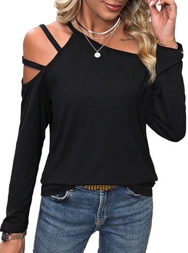 LilyCoco Women's Cold Shoulder Long Sleeve Top Asymmetrical Loose Casual Shirts3