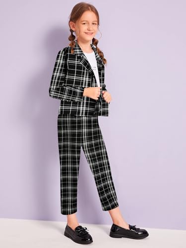 Image of Milumia Girl's Two Piece Outfit Plaid Open Front Blazer and Pants Set Multi Black 8 Years