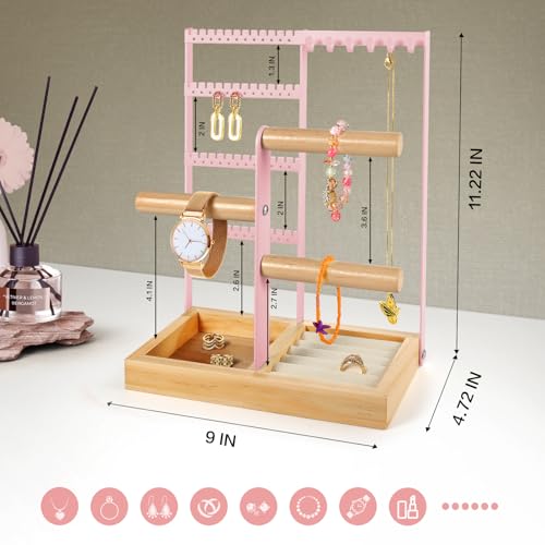 Godboat Jewelry Organizer - Earring Holder with 48 Holes, 6 Hooks Necklace Organizer, Bracelet and Ring Stand with Jewelry Box, Mothers Day Gifts for Women, Mom, Preppy Stuff & Room Decor, Pink — view 6