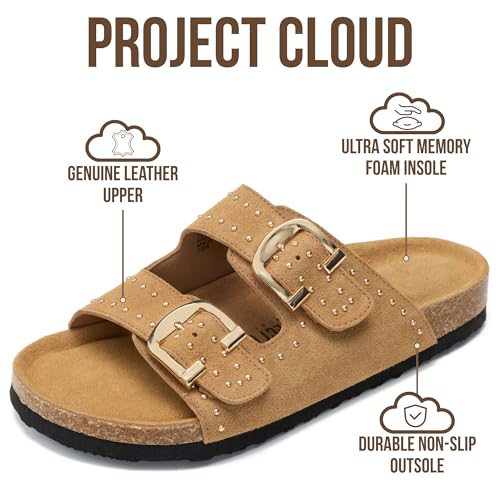 Image of Project Cloud 100% Genuine Leather Flat Sandals For Women 2026 Cork Footbed Womens Sandals with Memory Foam and arch support Vacation Essentials Slides for Women Footwear (Venita)