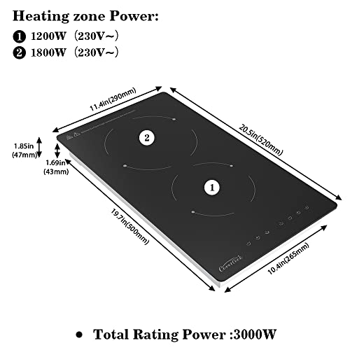 Image of 12 inch Electric Ceramic Cooktop, 2 Rings Radiant Stove Countertop Burners Smooth Top Black Glass Hot Plate for Cooking, No Plug Hardwire 220-240V 3KW