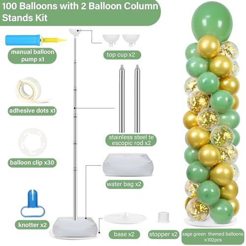 Image of 2 Sets Sage Green Balloon Column Stand Kit with 100 Balloons Spring Graduation Adjustable Balloon Tower Stand with Bases Olive Green Gold Column for Mother's Day Birthday Wedding Party Decor
