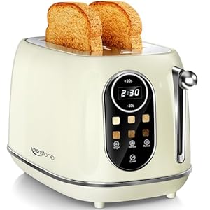 Keenstone Touchscreen Toaster, Retro Toaster 2 Slice with LCD Screen, Smart Toaster Extra Wide Slot Features Bagel, Reheat, Defrost, Cancel, 6 Shade Settings&Removable Crumb Tray Off-white