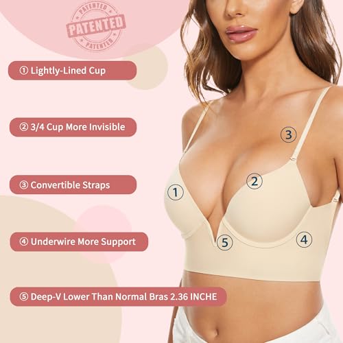 Image of Low Back Bras-Seamless Deep-V Plunge Invisible Backless Bra-Underwire Lightly Lined Halter Multiway Low Cut Bra