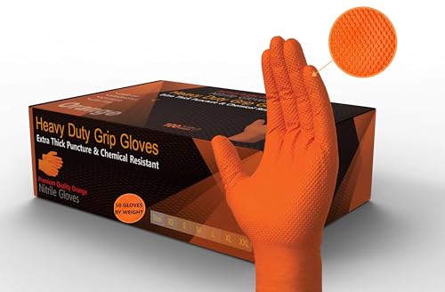 firmsafeT XXL Super Heavy Duty Orange Disposable Diamond Grip Nitrile Gloves for Mechanical, Industrial, Cleaning and janitorial work - Powder Free, Latex Free - 50 Gloves – 2XL