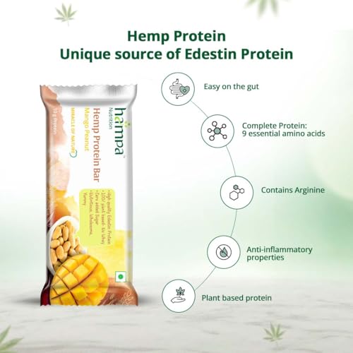 Image of Hampa Hemp protein Bar 50g | Mango Peanut Flavour | 10g Plant Protein | No Whey, Vegan Friendly | No Added Sugar, Sweetened with Dates | Anytime Snack with Edestine Protein | Pack of 6