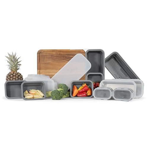 Image of TidyBoard Meal Prep System Pro - Over-the-Sink Smart Chopping Board with Silicone & Metal Containers, Strainer, & Lids - 1” Thick Acacia Wood Cutting Board with Containers & Strainers, 24 pieces