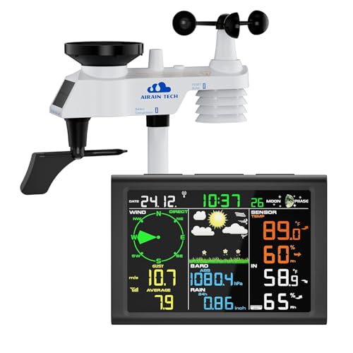AIRAIN TECH 10-in-1 Wireless Weather Station,with Outdoor Sensor,Rain Gauge,Atomic Clock,Wind Speed/Wind Direction,Indoor Temperature and Humidity,Barometer,Weather Forecast, etc.(NO WiFi)