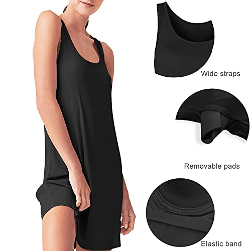 Taipove Nightwear Nightgown Nightdresss Nightie Sleepwear For Women With Built In Bra Full Slips Sleeveless Camis Tank Dress Loungwear Black #TOP2