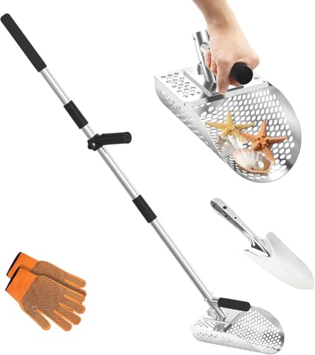NFie Sand Scoop for Metal Detecting Metal Detector Sand Shovel Accessories for Beach Stainless Steel Sand Sifter Digging Tool Long Handle Fast Sand Sifting Flea Rake (45)