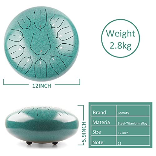 LOMUTY Steel Tongue Drum 12 Inch 11 Notes for Adults - Ethereal Metal Instrument for Meditation & Yoga with Music Book, Mallets & Carry Bag (Malachite) - Thumbnail 3